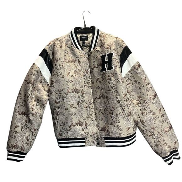 Forever 21 Men's Varsity Jacket Size L Floral Patch Tapestry Y2K Streetwear - Picture 1 of 5